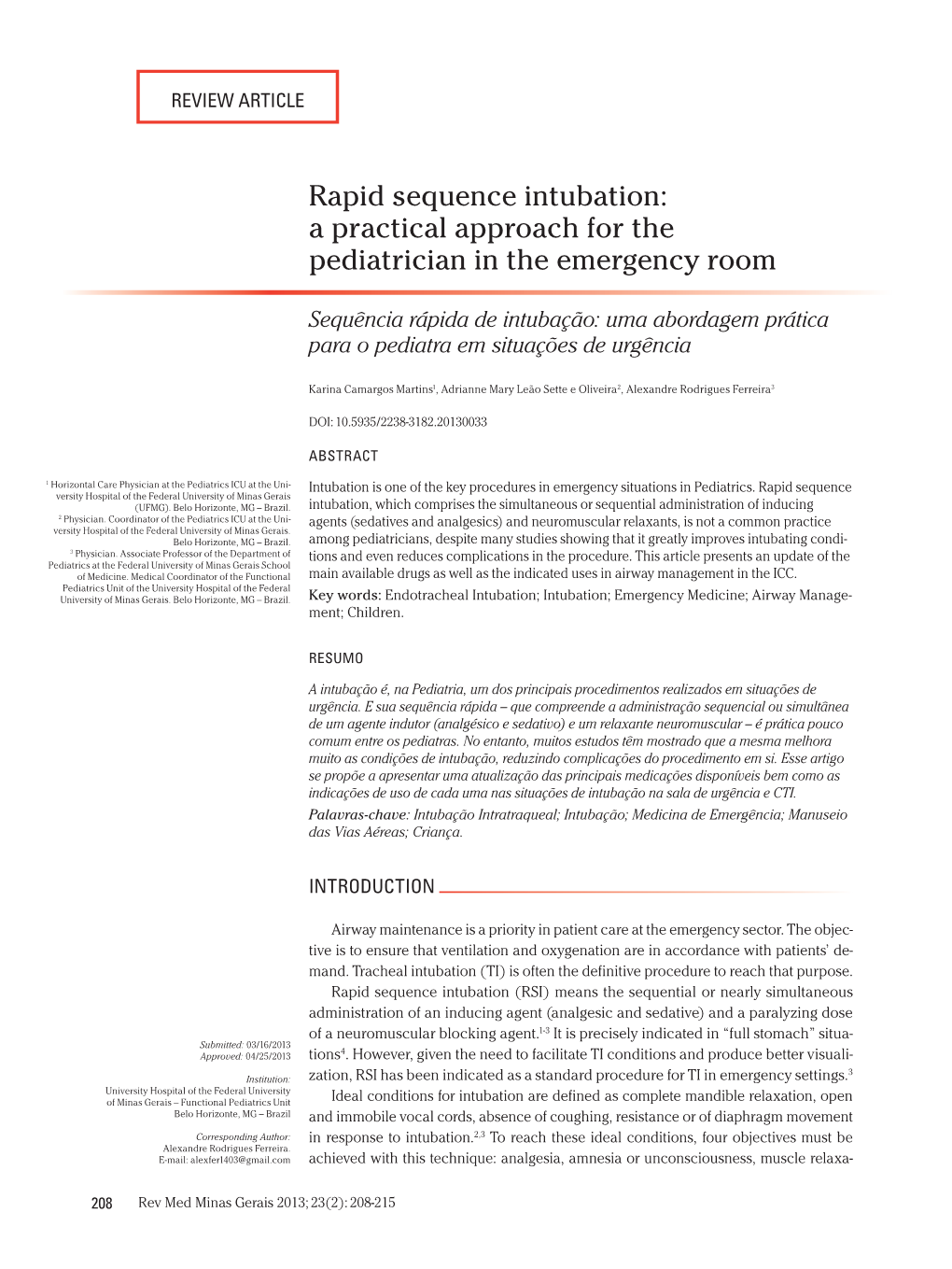 Rapid Sequence Intubation: a Practical Approach for the Pediatrician in the Emergency Room