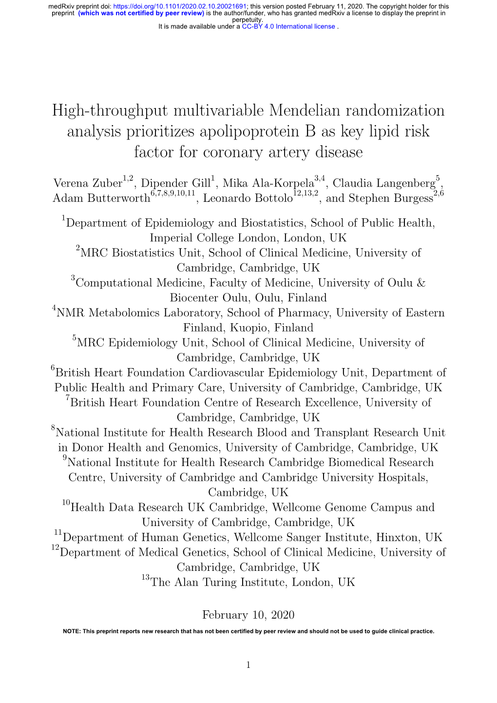 High-Throughput Multivariable Mendelian Randomization Analysis Prioritizes Apolipoprotein B As Key Lipid Risk Factor for Coronary Artery Disease