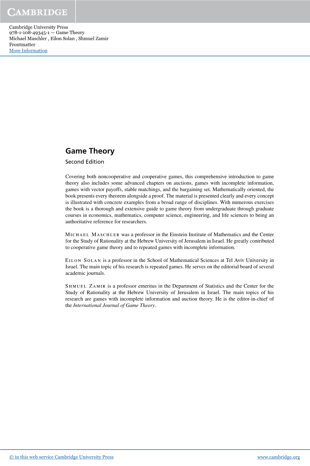Game Theory Michael Maschler , Eilon Solan , Shmuel Zamir Frontmatter More Information