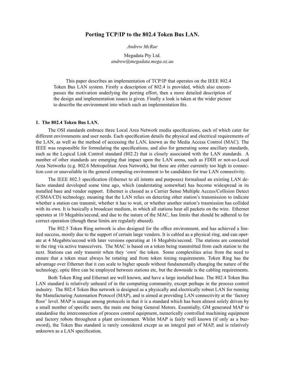 Porting TCP/IP to the 802.4 Token Bus LAN