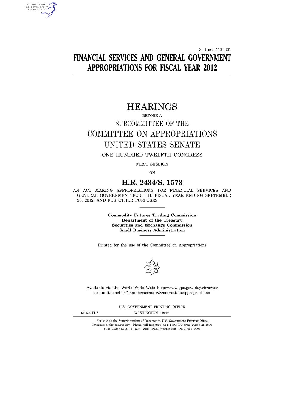 112–301 Financial Services and General Government Appropriations for Fiscal Year 2012