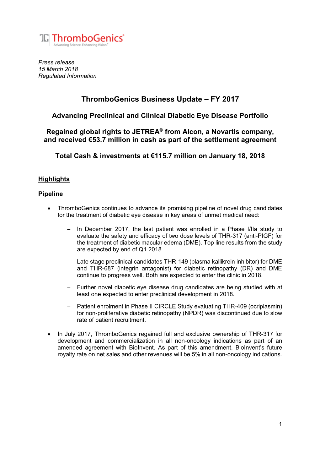 Thrombogenics Business Update – FY 2017