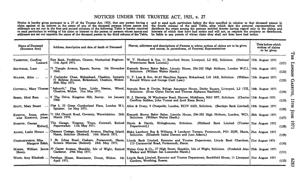 NOTICES UNDER the TRUSTEE ACT, 1925, S. 27 Notice Is Hereby Given Pursuant to S