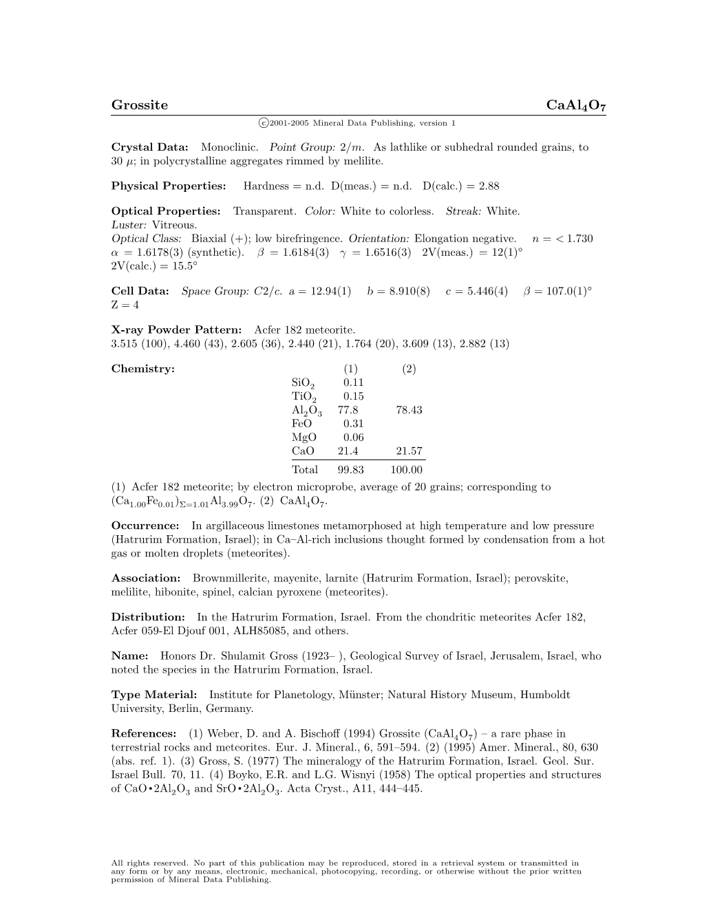 Grossite Caal4o7 C 2001-2005 Mineral Data Publishing, Version 1