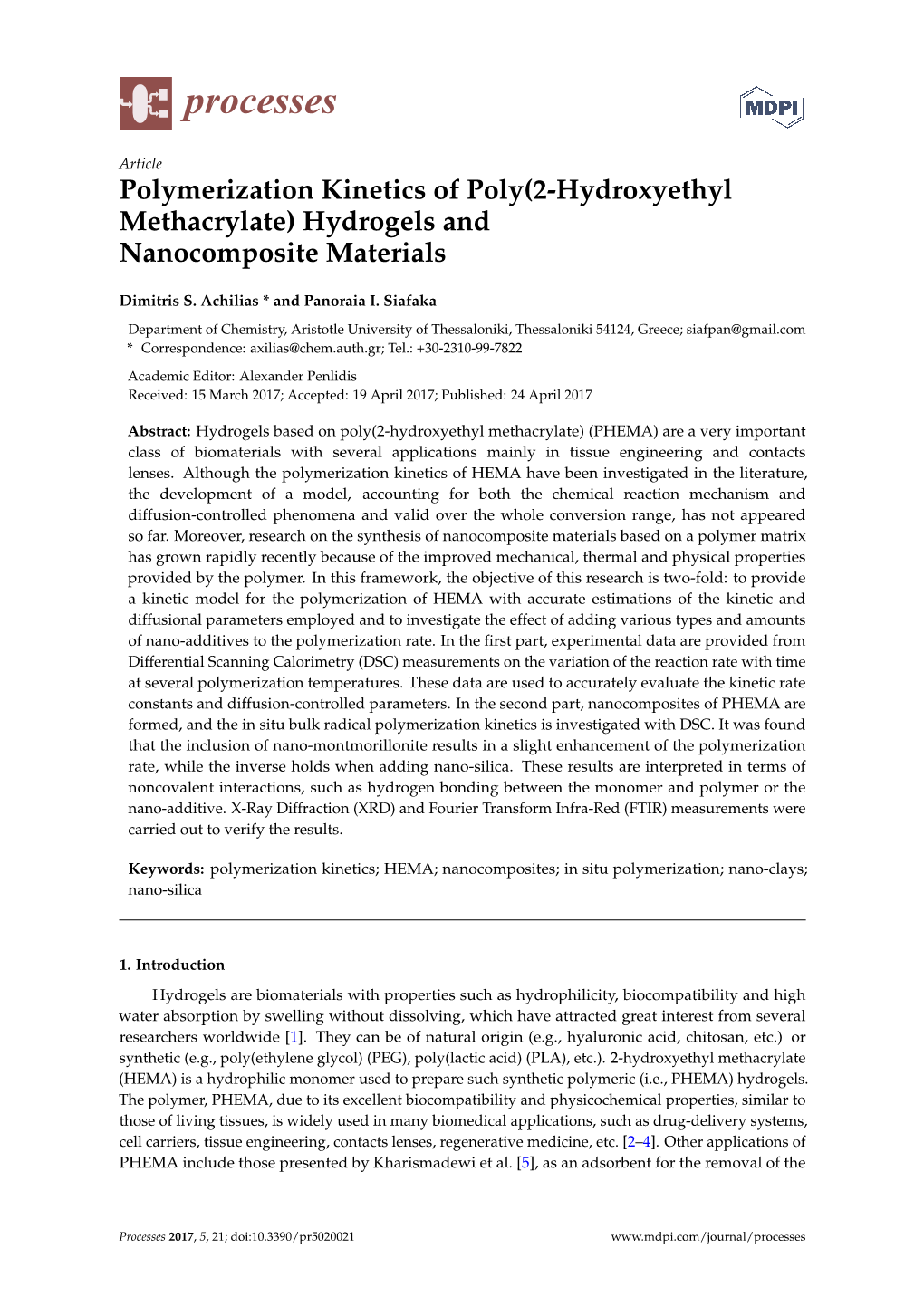Polymerization Kinetics of Poly(2-Hydroxyethyl Methacrylate) Hydrogels and Nanocomposite Materials