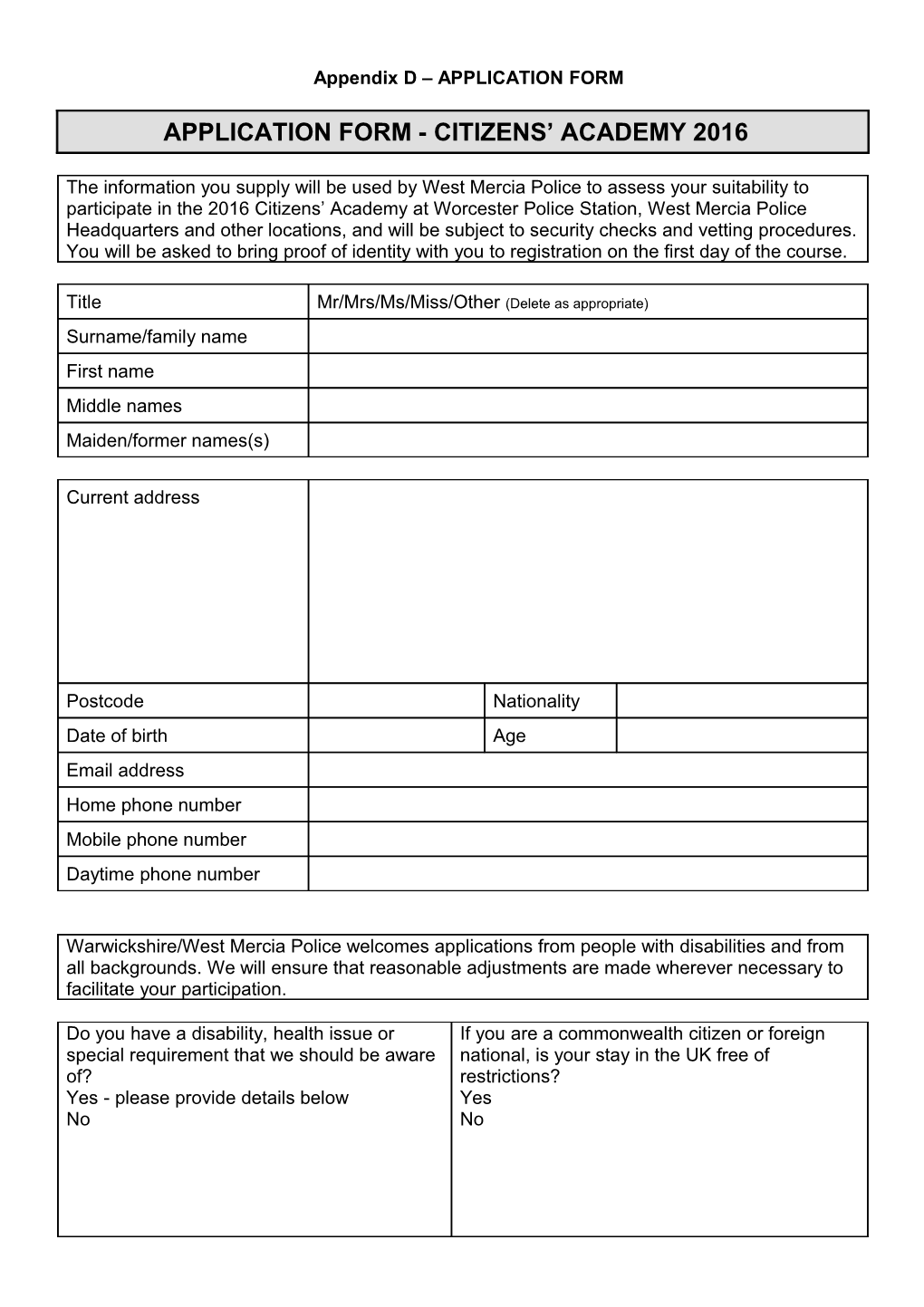 Appendix D APPLICATION FORM