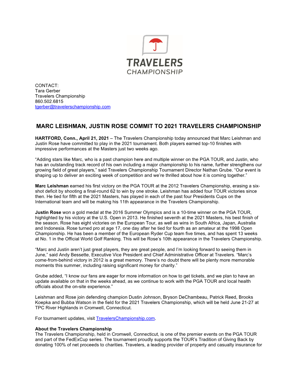 Marc Leishman, Justin Rose Commit to 2021 Travelers Championship