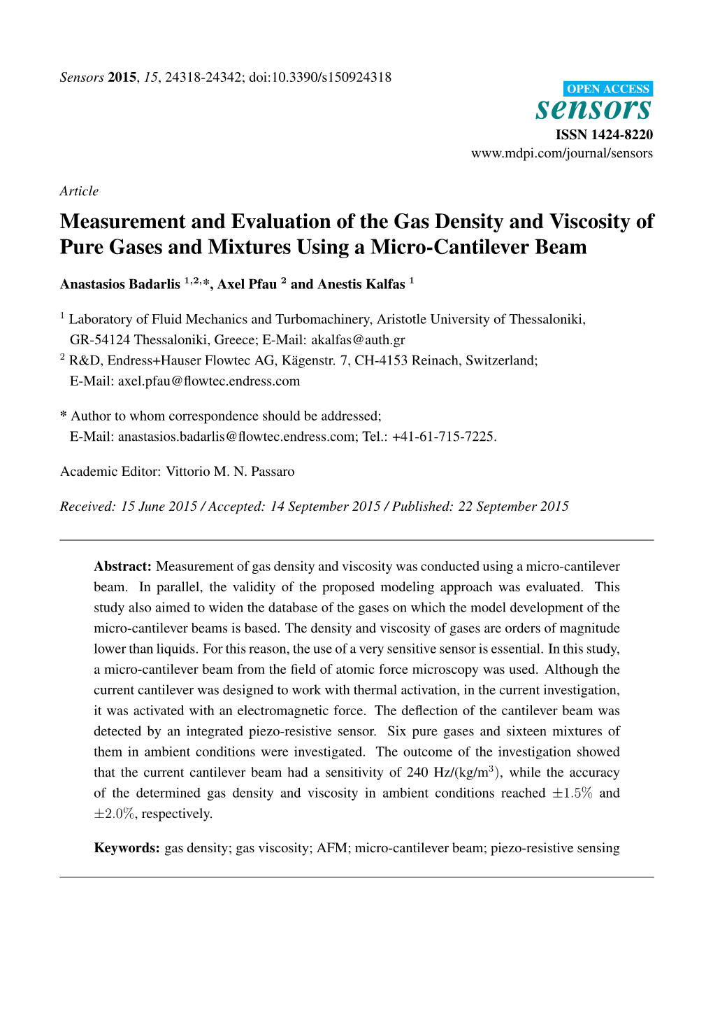 Measurement and Evaluation of the Gas Density and Viscosity of Pure Gases and Mixtures Using a Micro-Cantilever Beam