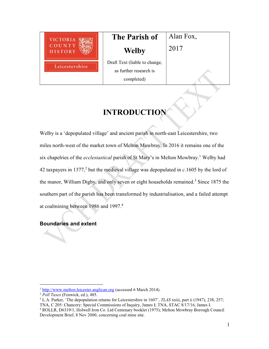 The Parish of Welby INTRODUCTION