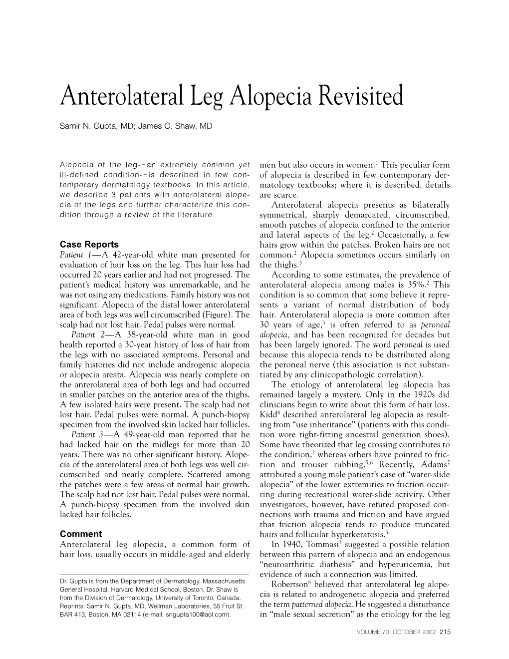 Anterolateral Leg Alopecia Revisited