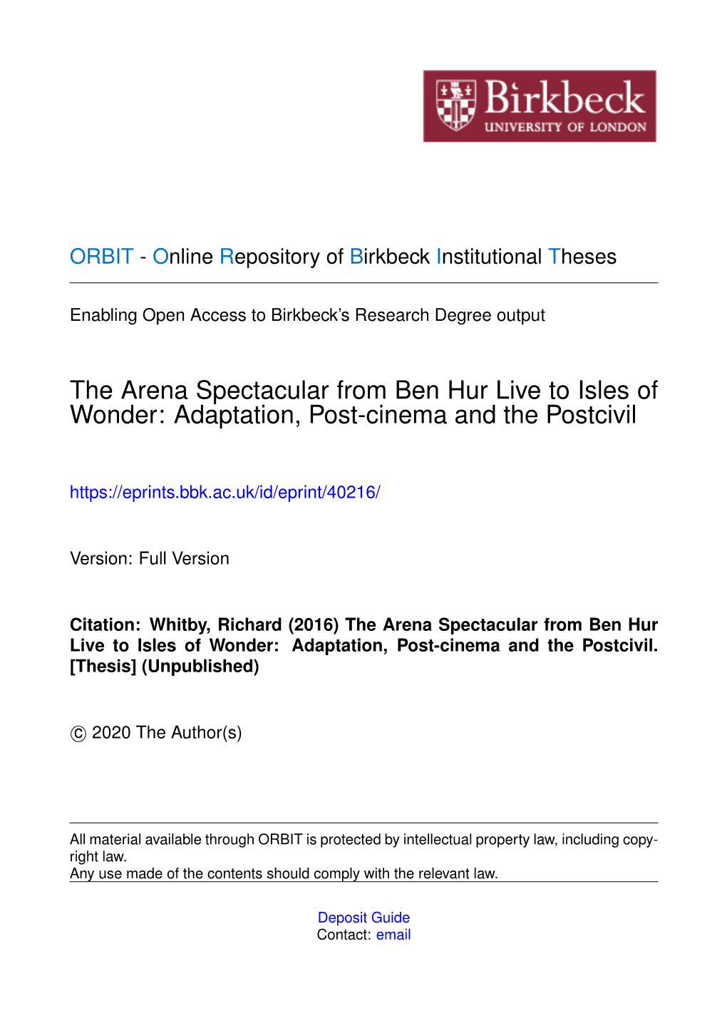 The Arena Spectacular from Ben Hur Live to Isles of Wonder: Adaptation, Post-Cinema and the Postcivil