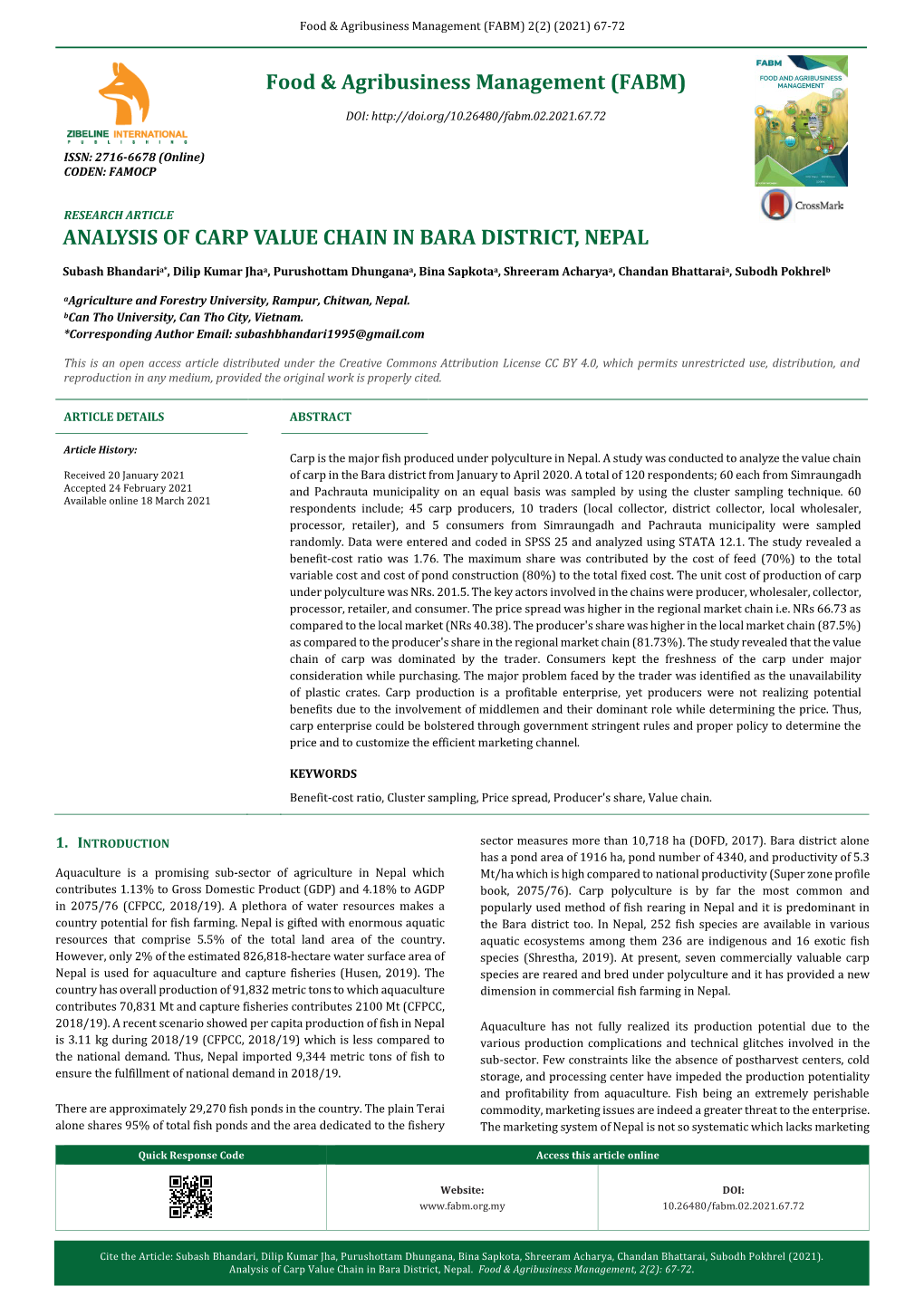 Analysis of Carp Value Chain in Bara District, Nepal