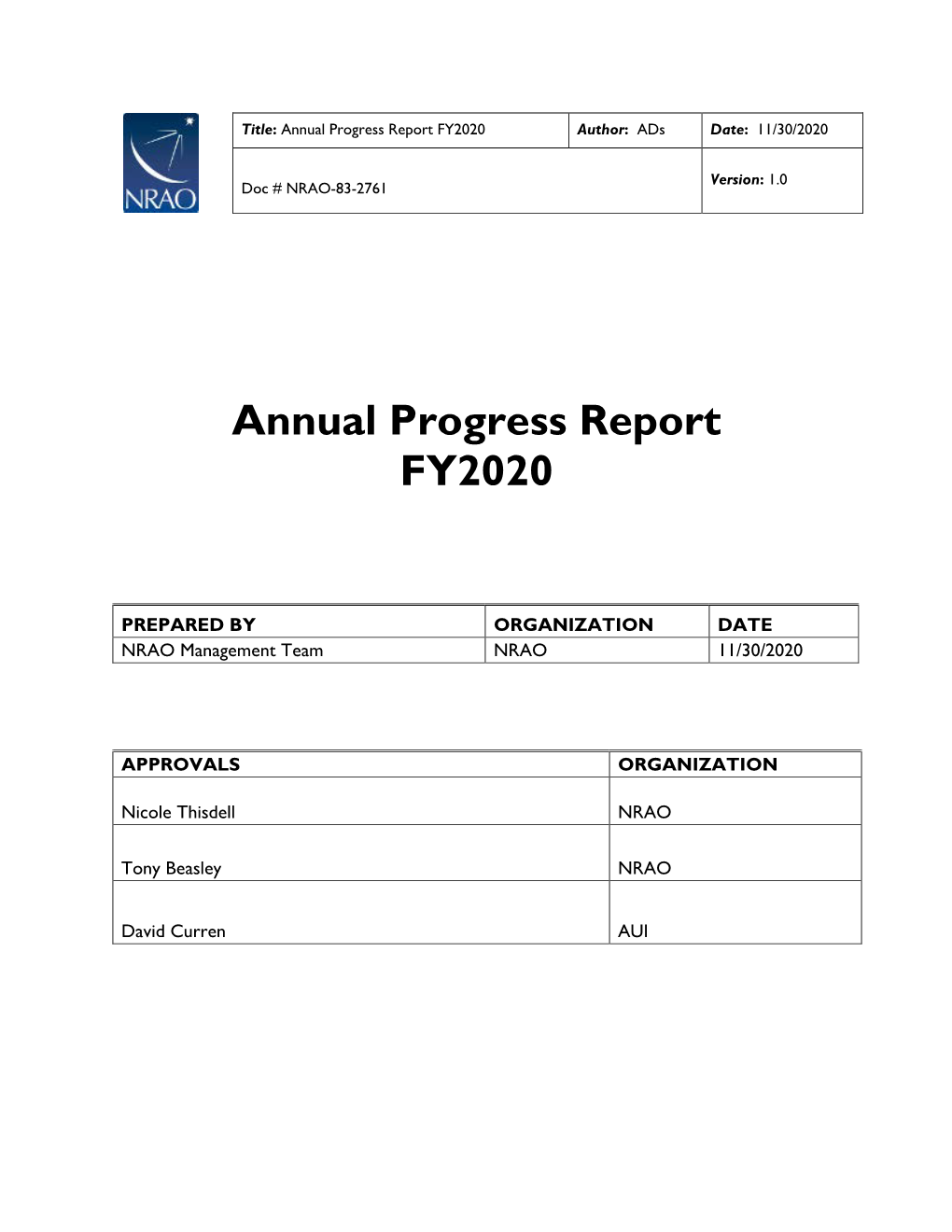 Annual Progress Report FY2020 Author: Ads Date: 11/30/2020