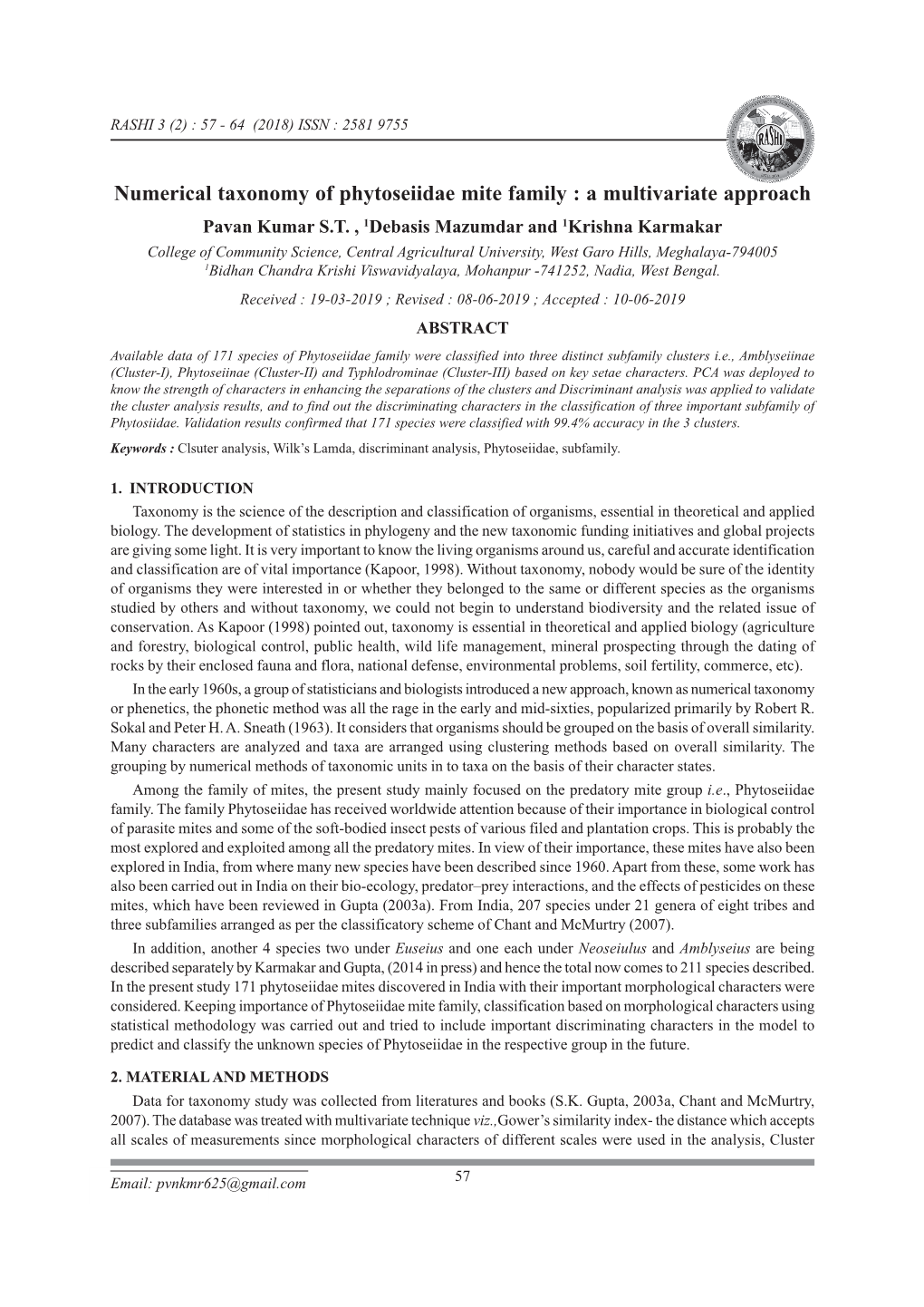Numerical Taxonomy of Phytoseiidae Mite Family : a Multivariate Approach Pavan Kumar S.T