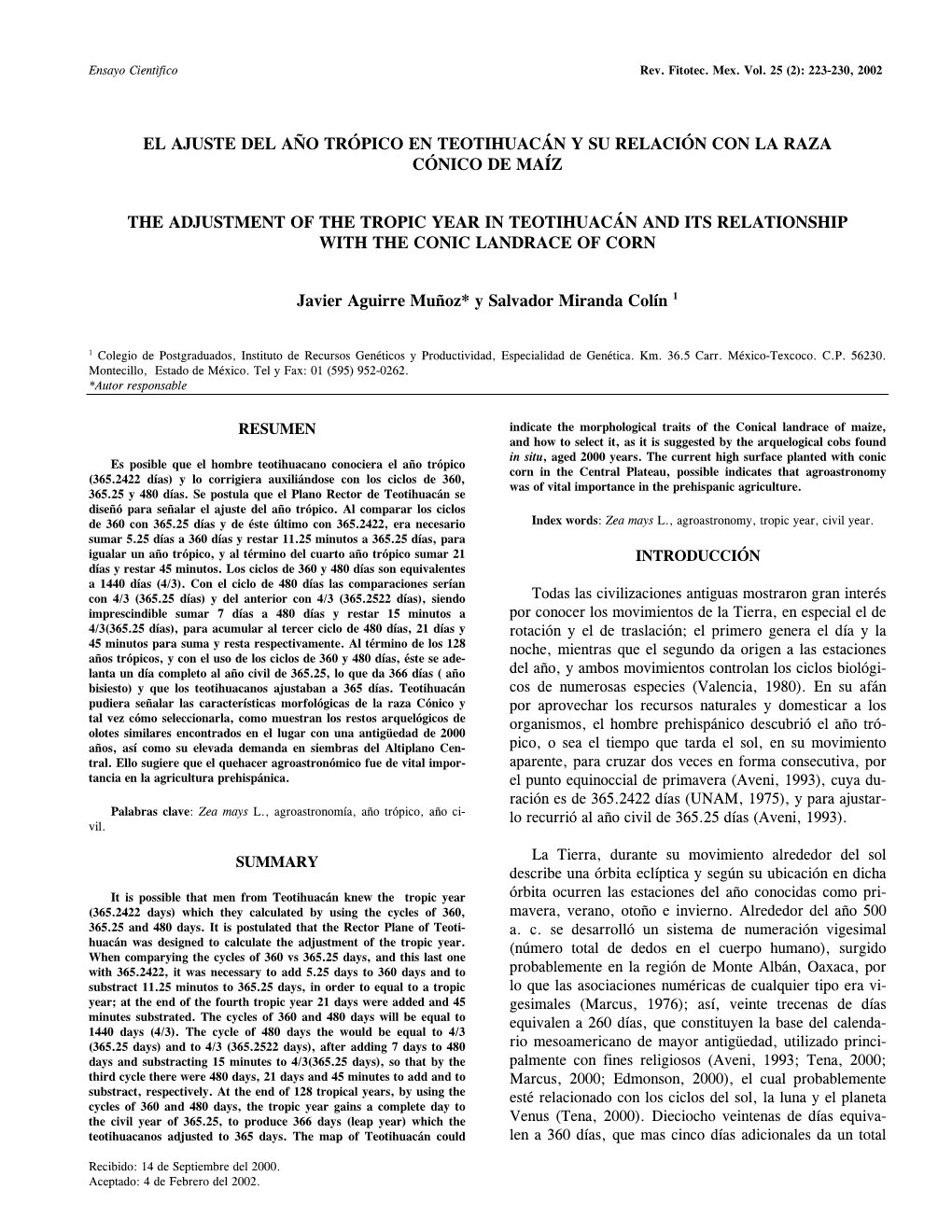 El Ajuste Del Año Trópico En Teotihuacán Y Su Relación Con La Raza Cónico De Maíz the Adjustment of the Tropic Year in Te