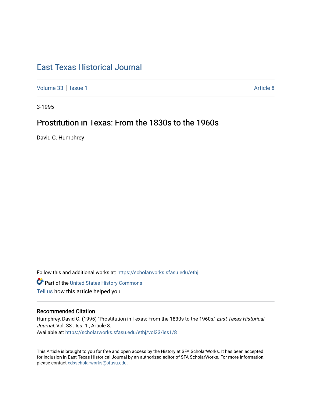 Prostitution in Texas: from the 1830S to the 1960S