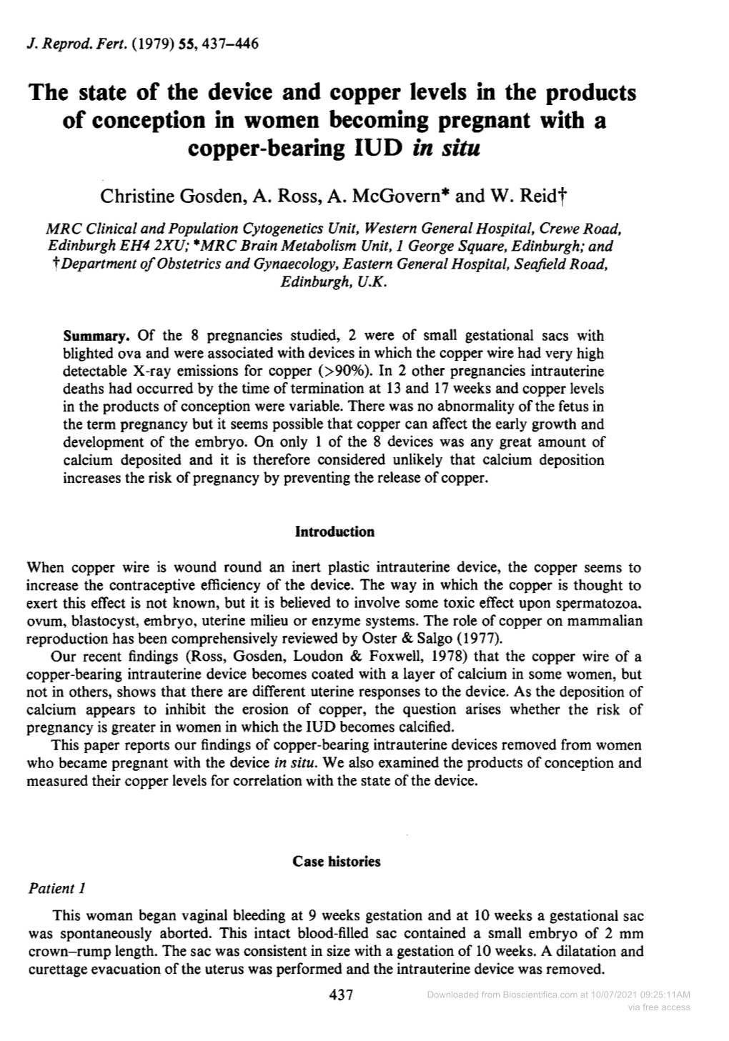 Of Conception in Women Becoming Pregnant with a Copper-Bearing IUD in Situ Christine Gosden, A