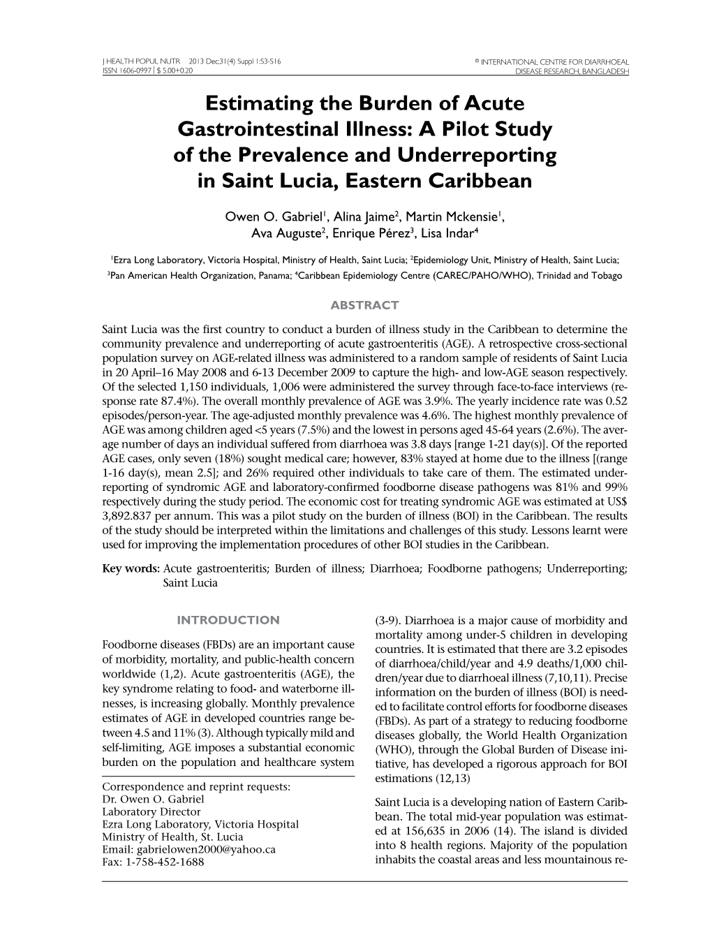 Estimating the Burden of Acute Gastrointestinal Illness: a Pilot Study of the Prevalence and Underreporting in Saint Lucia, Eastern Caribbean