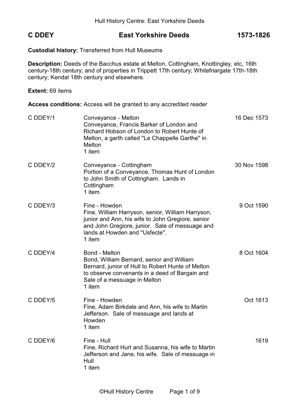 C DDEY East Yorkshire Deeds 1573-1826