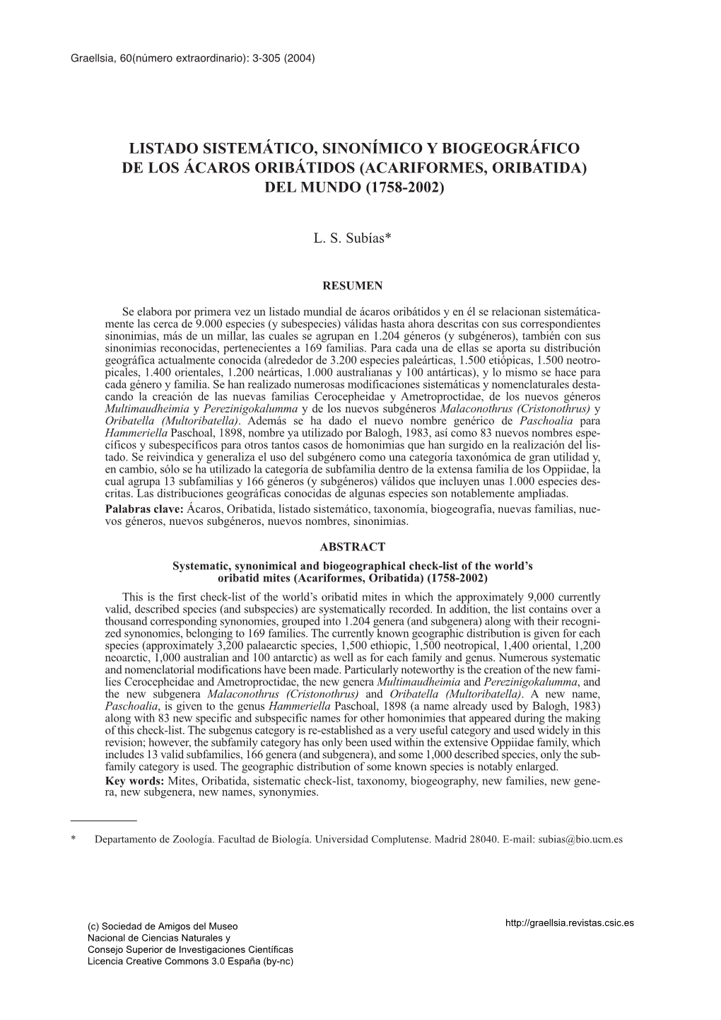 Acariformes, Oribatida) Del Mundo (1758-2002)