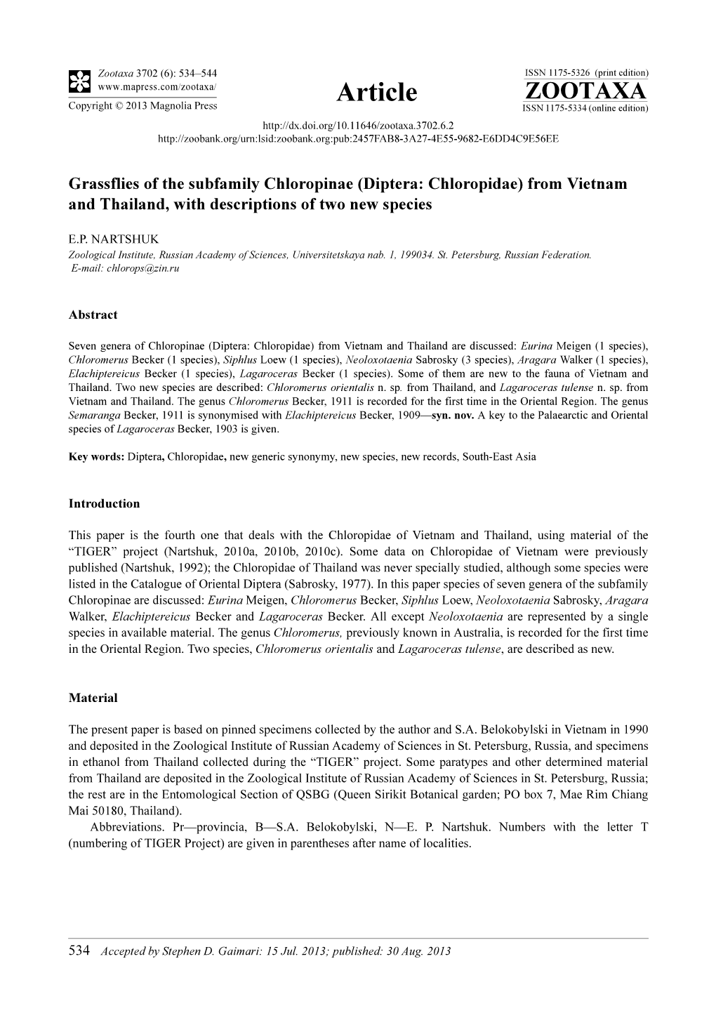 Diptera: Chloropidae) from Vietnam and Thailand, with Descriptions of Two New Species