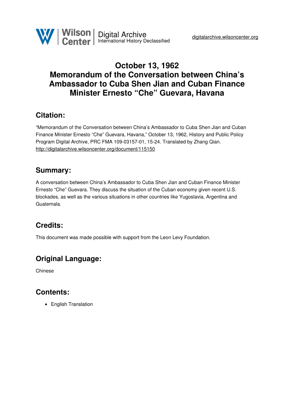 October 13, 1962 Memorandum of the Conversation Between China's
