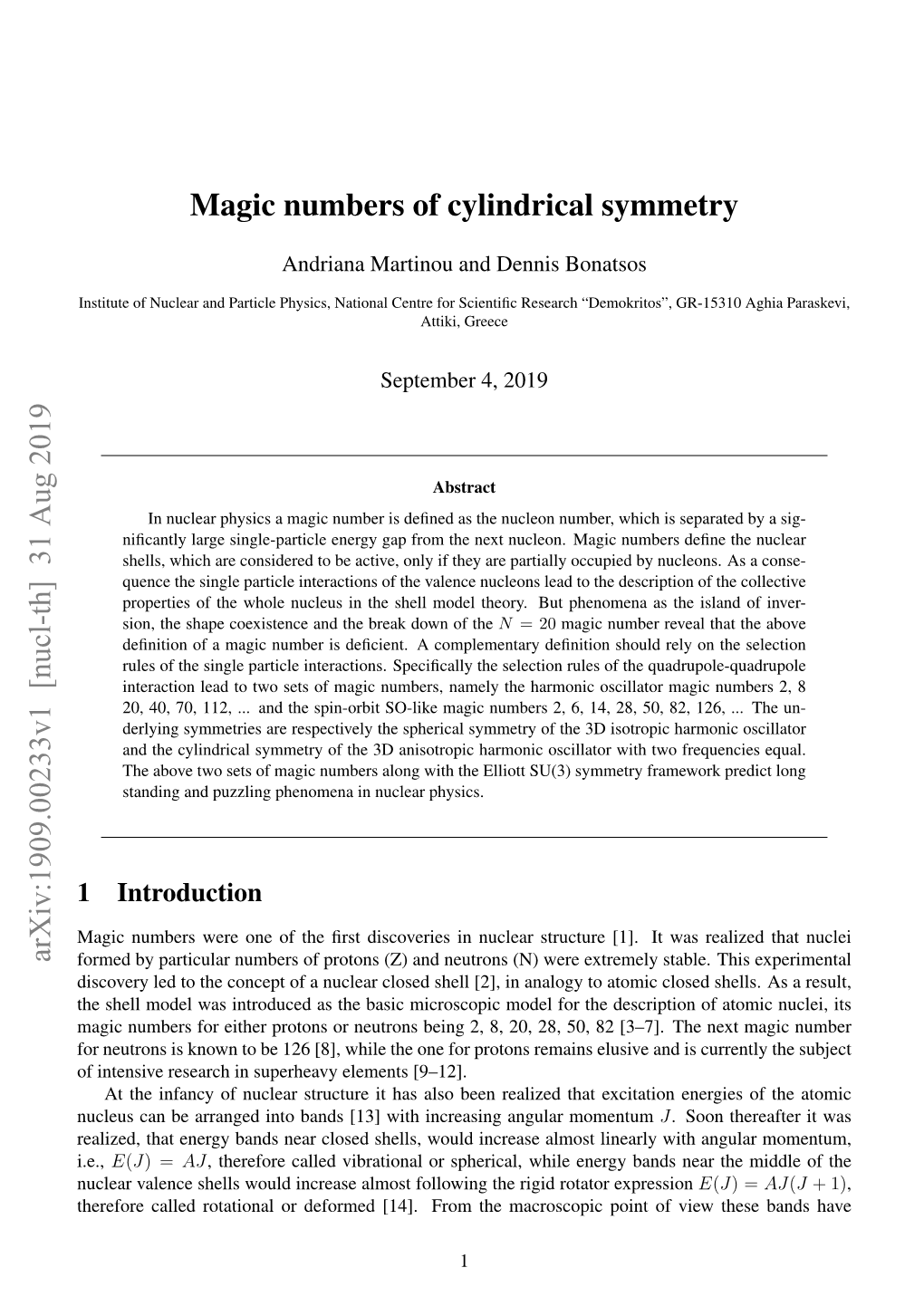 Magic Numbers of Cylindrical Symmetry Arxiv:1909.00233V1 [Nucl