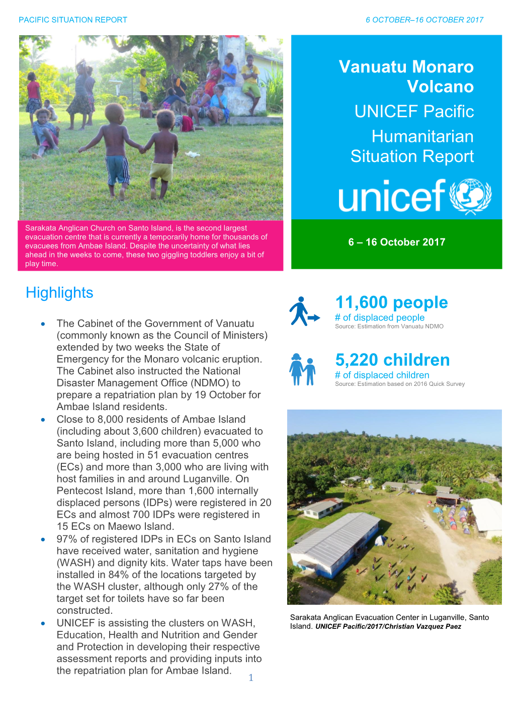 Vanuatu Monaro Volcano UNICEF Pacific Humanitarian Situation Report