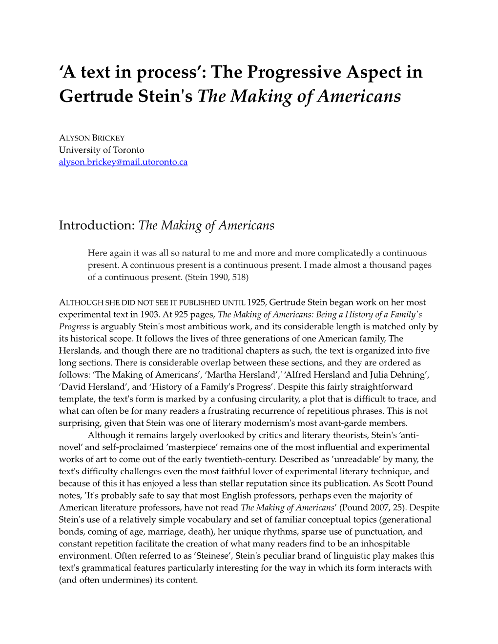 The Progressive Aspect in Gertrude Stein's the Making of Americans