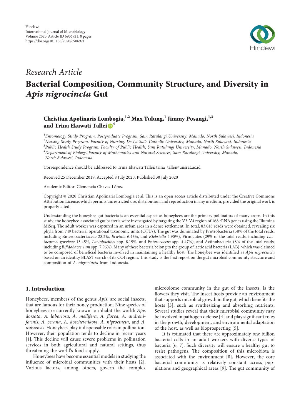 Bacterial Composition, Community Structure, and Diversity in Apis Nigrocincta Gut