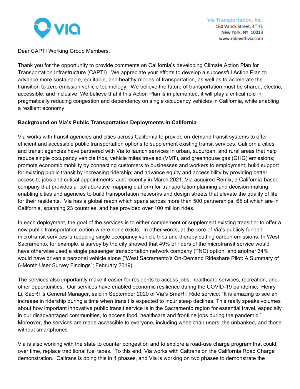 Via Transportation Inc. Letter to CAPTI Working Group