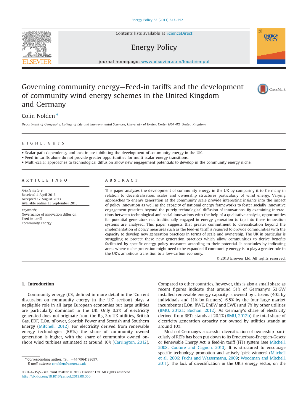 Governing Community Energy—Feed-In Tariffs and the Development of Community Wind Energy Schemes in the United Kingdom and Germany