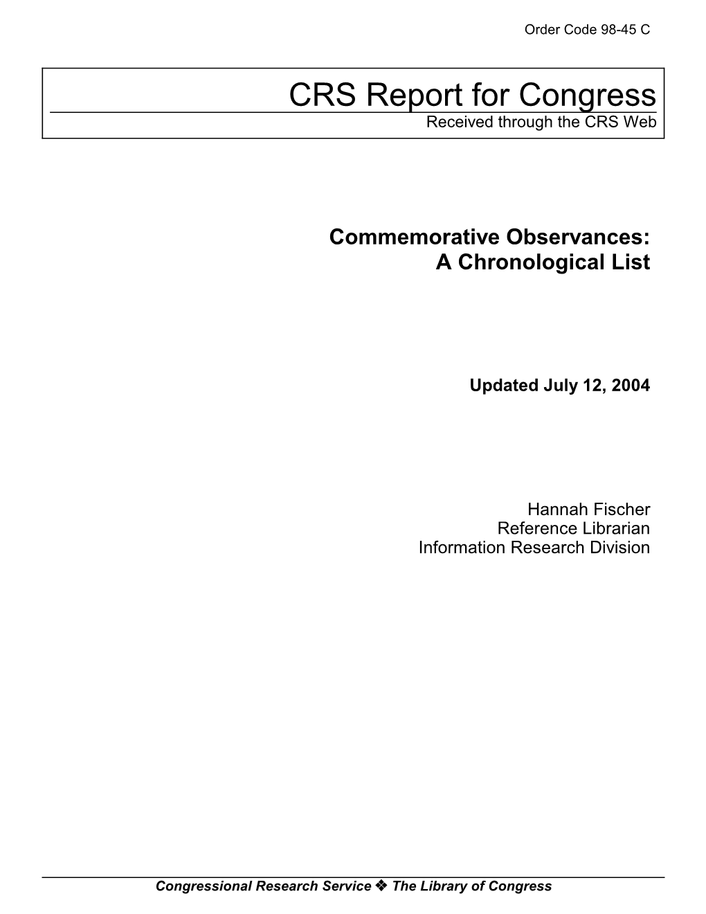 Commemorative Observances: a Chronological List