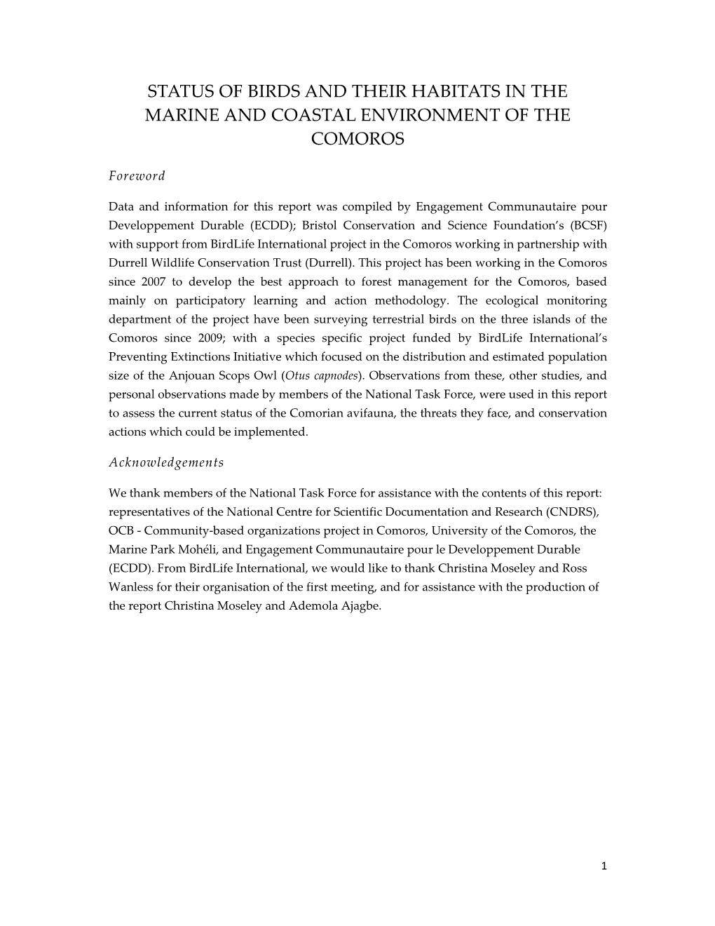 Status of Birds and Their Habitats in the Marine and Coastal Environment of the Comoros