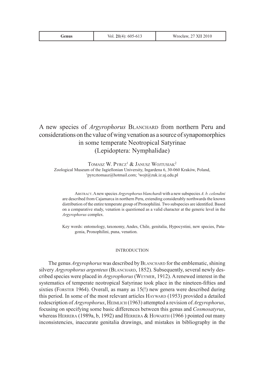 A New Species of Argyrophorus BLANCHARD from Northern Peru