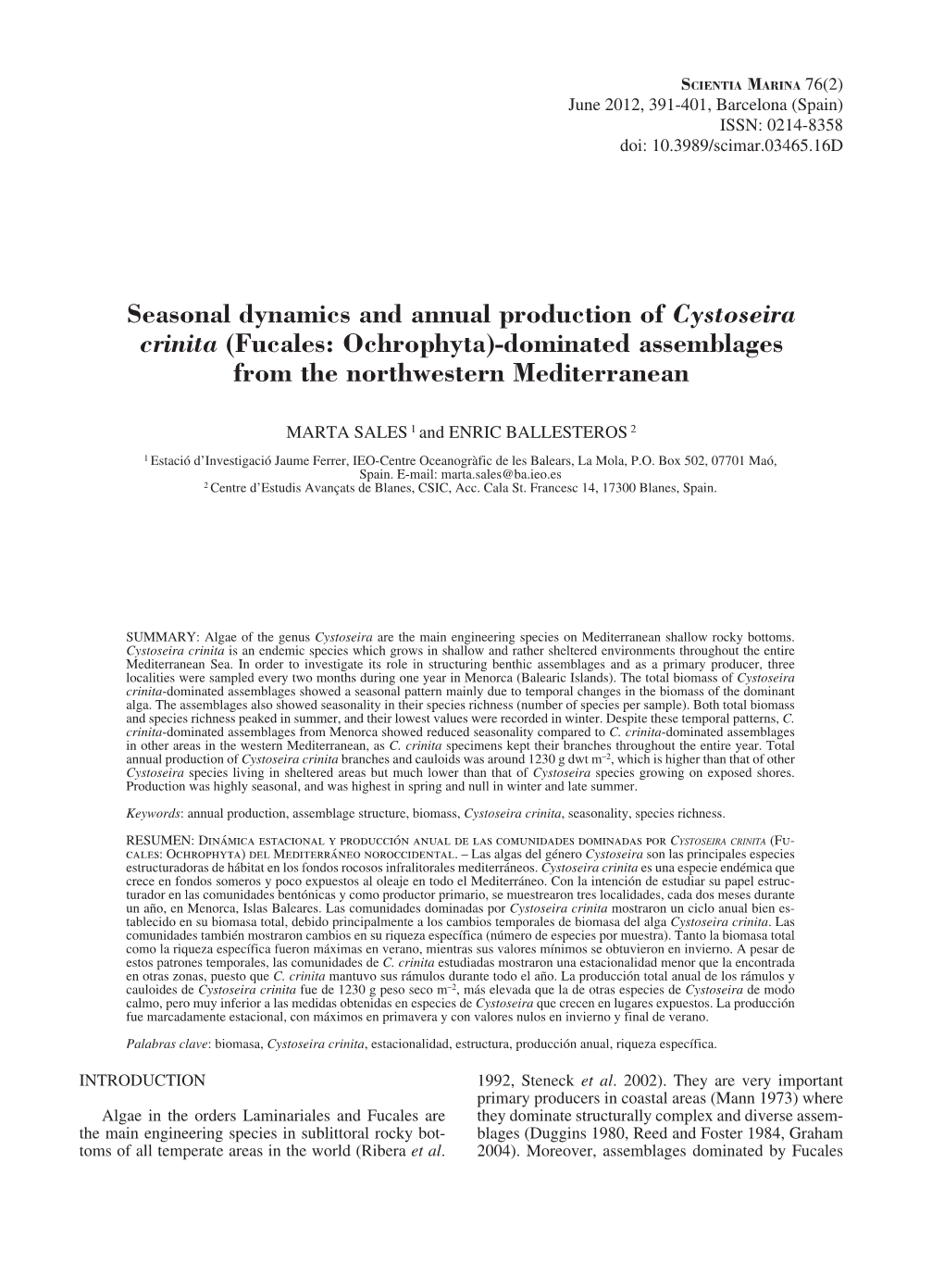 Seasonal Dynamics and Annual Production of Cystoseira Crinita (Fucales: Ochrophyta)-Dominated Assemblages from the Northwestern Mediterranean