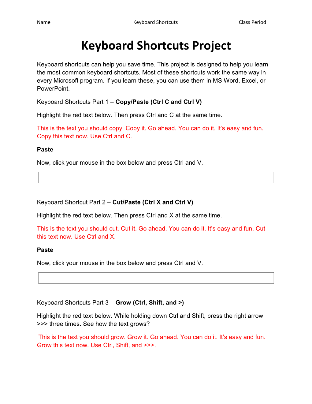 Name Keyboard Shortcuts Class Period