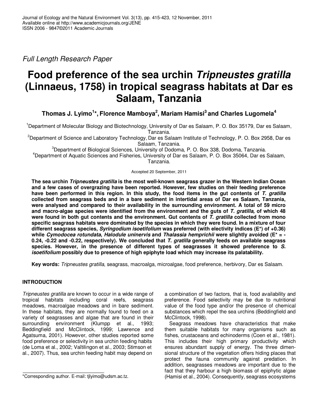 Food Preference of the Sea Urchin Tripneustes Gratilla (Linnaeus, 1758) in Tropical Seagrass Habitats at Dar Es Salaam, Tanzania