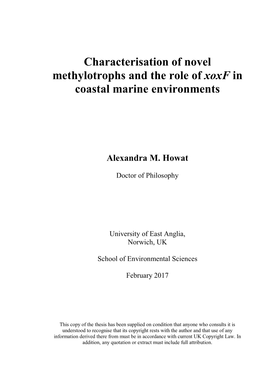 Characterisation of Novel Methylotrophs and the Role of Xoxf in Coastal Marine Environments