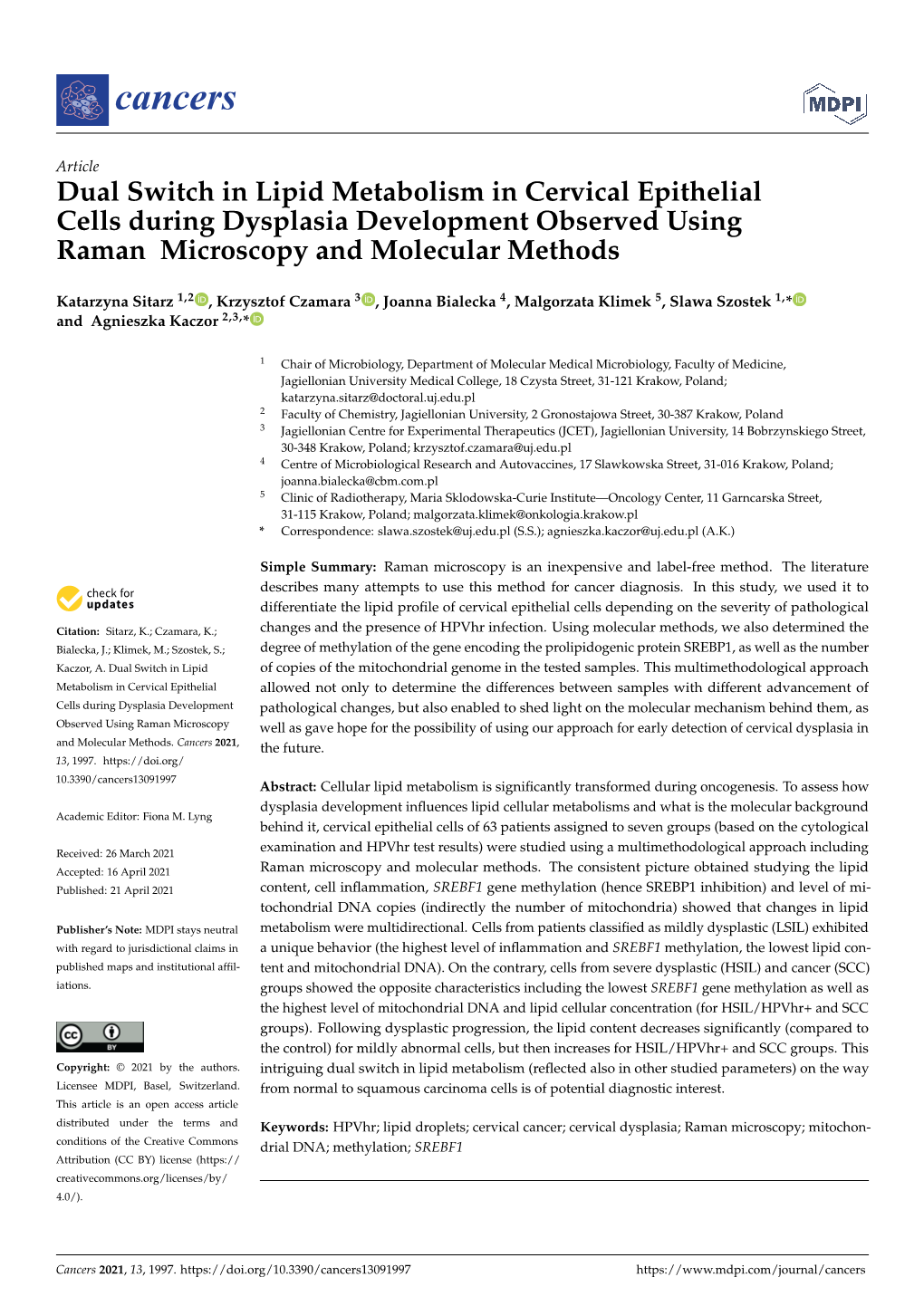 Dual Switch in Lipid Metabolism in Cervical Epithelial Cells During Dysplasia Development Observed Using Raman Microscopy and Molecular Methods