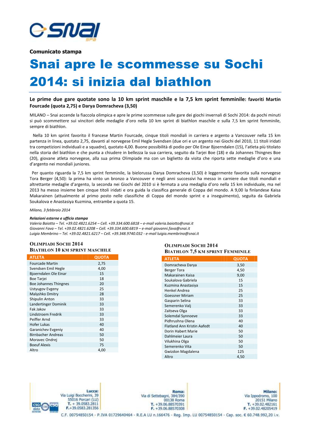 Snai Apre Le Scommesse Su Sochi 2014: Si Inizia Dal Biathlon