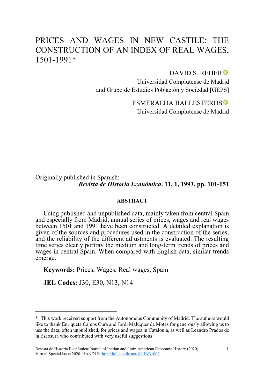 PRICES and WAGES in NEW CASTILE: the CONSTRUCTION of an INDEX of REAL WAGES, 1501-1991*A DAVID S