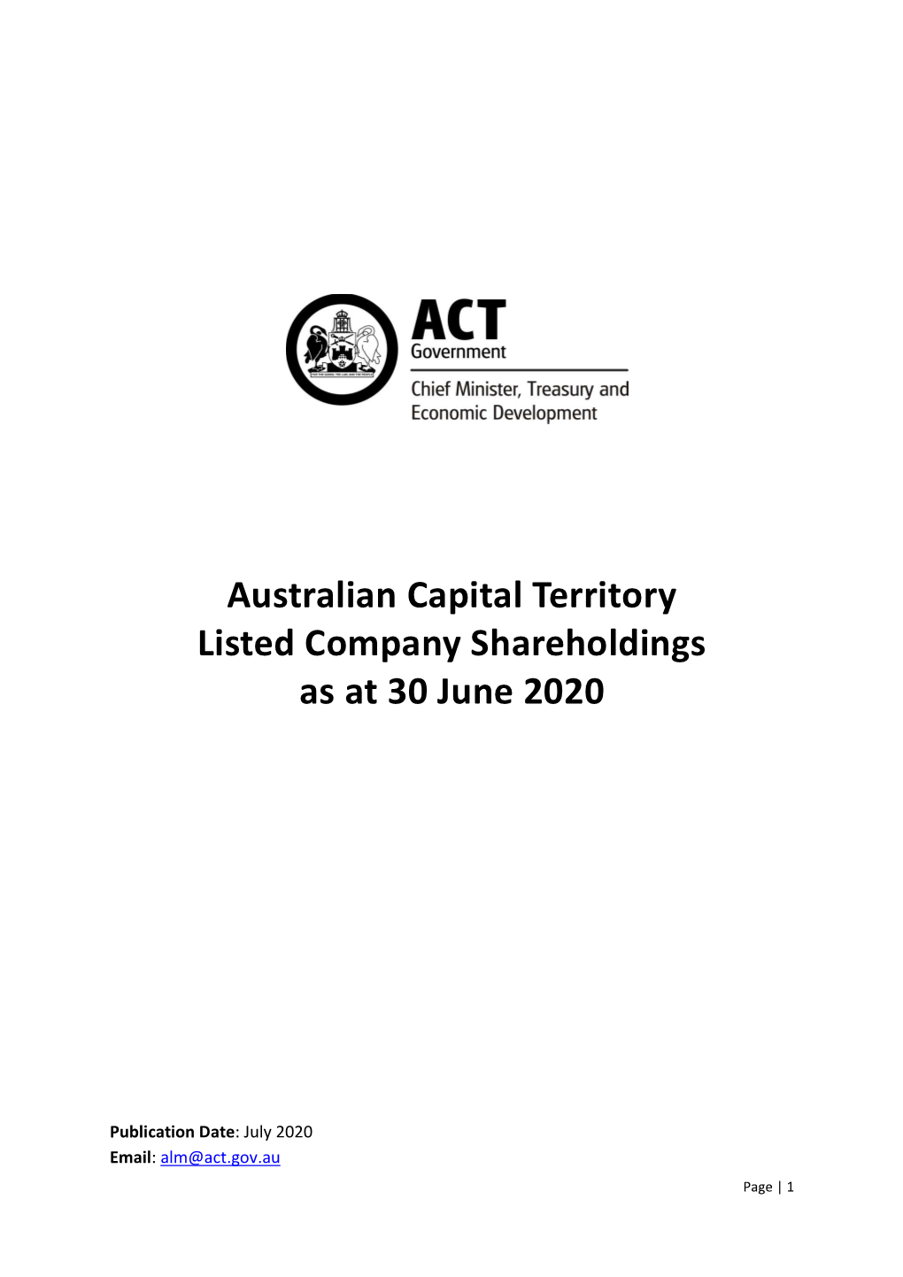 Australian Capital Territory Listed Company Shareholdings As at 30 June 2020