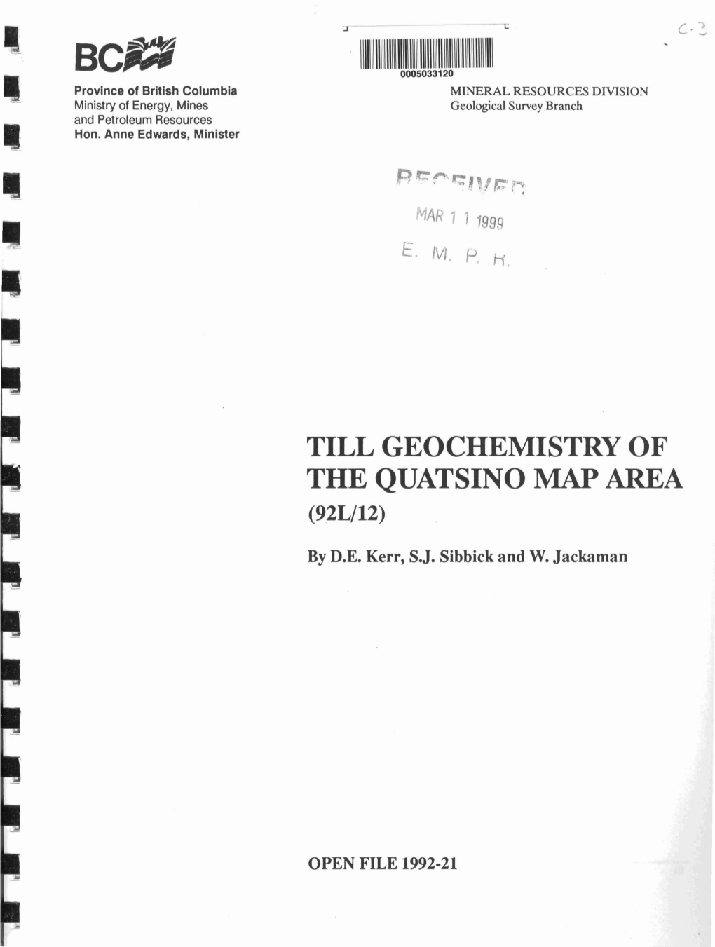 TILL GEOCHEMISTRY of the QUATSINO MAP AREA (92Ll12)