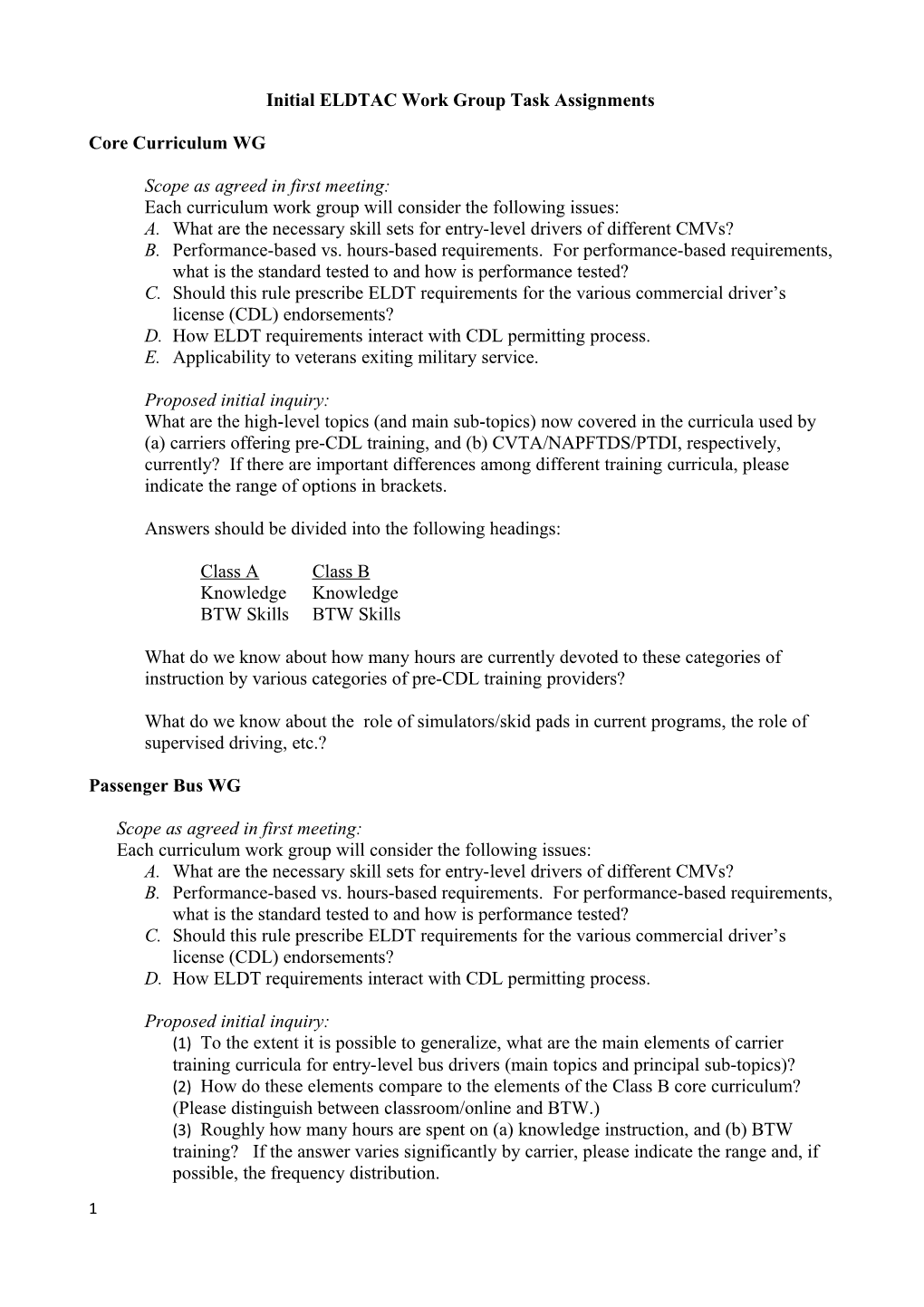 Initial ELDTAC Work Group Task Assignments