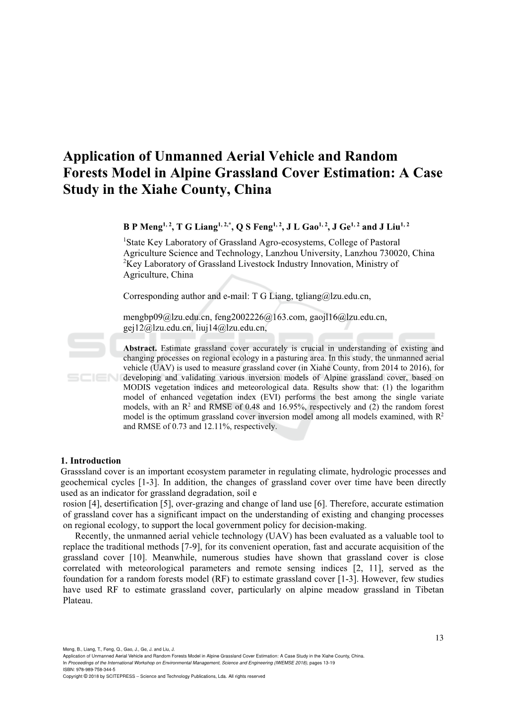 Application of Unmanned Aerial Vehicle and Random Forests Model in Alpine Grassland Cover Estimation: a Case Study in the Xiahe County, China