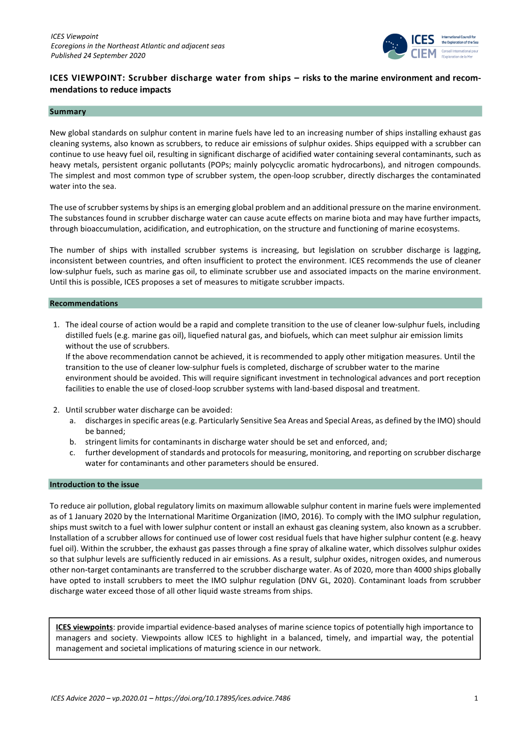 ICES VIEWPOINT: Scrubber Discharge Water from Ships – Risks to the Marine Environment and Recom- Mendations to Reduce Impacts