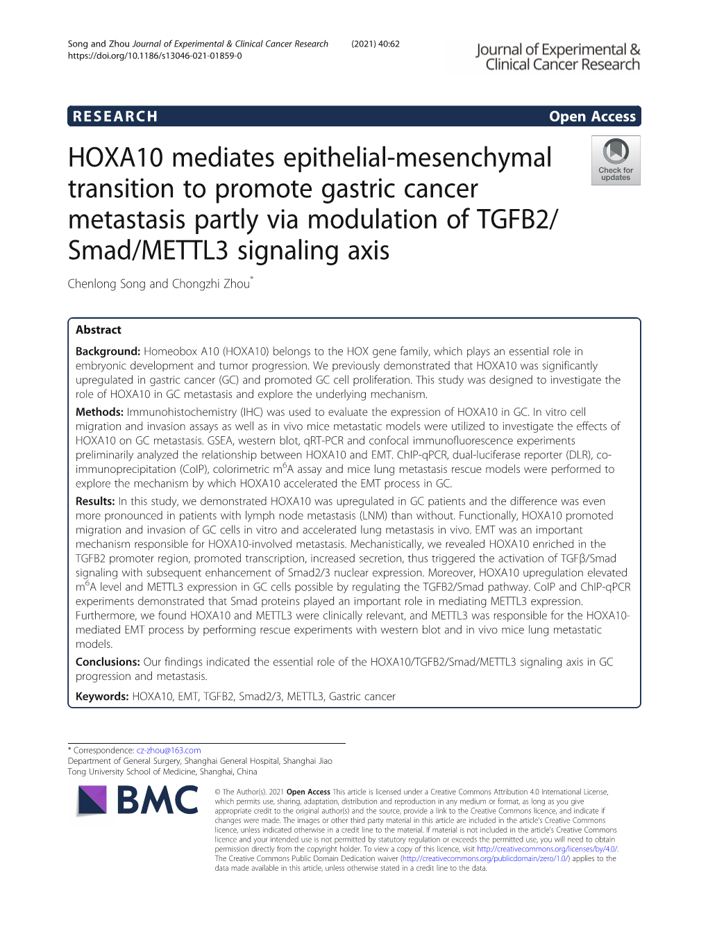 HOXA10 Mediates Epithelial-Mesenchymal Transition