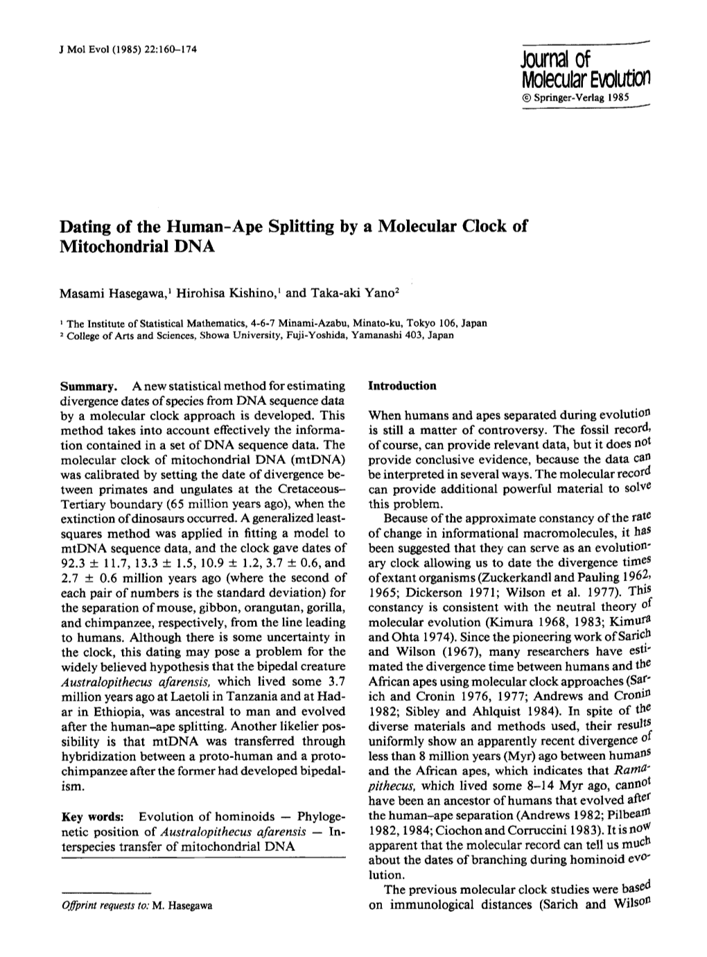 Dating of the Human-Ape Splitting by a Molecular Clock of Mitochondrial DNA