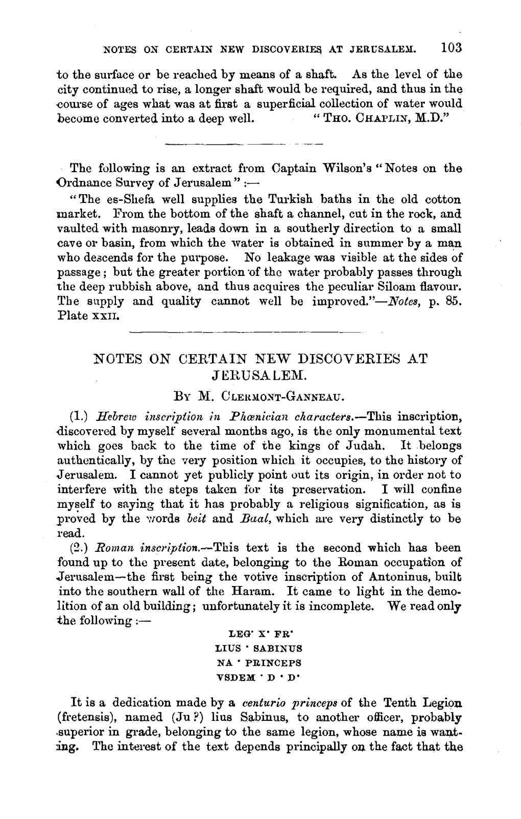 C. Clermont-Ganneau [1846-1923], "Notes on Certain New Discoveries at Jerusalem,"